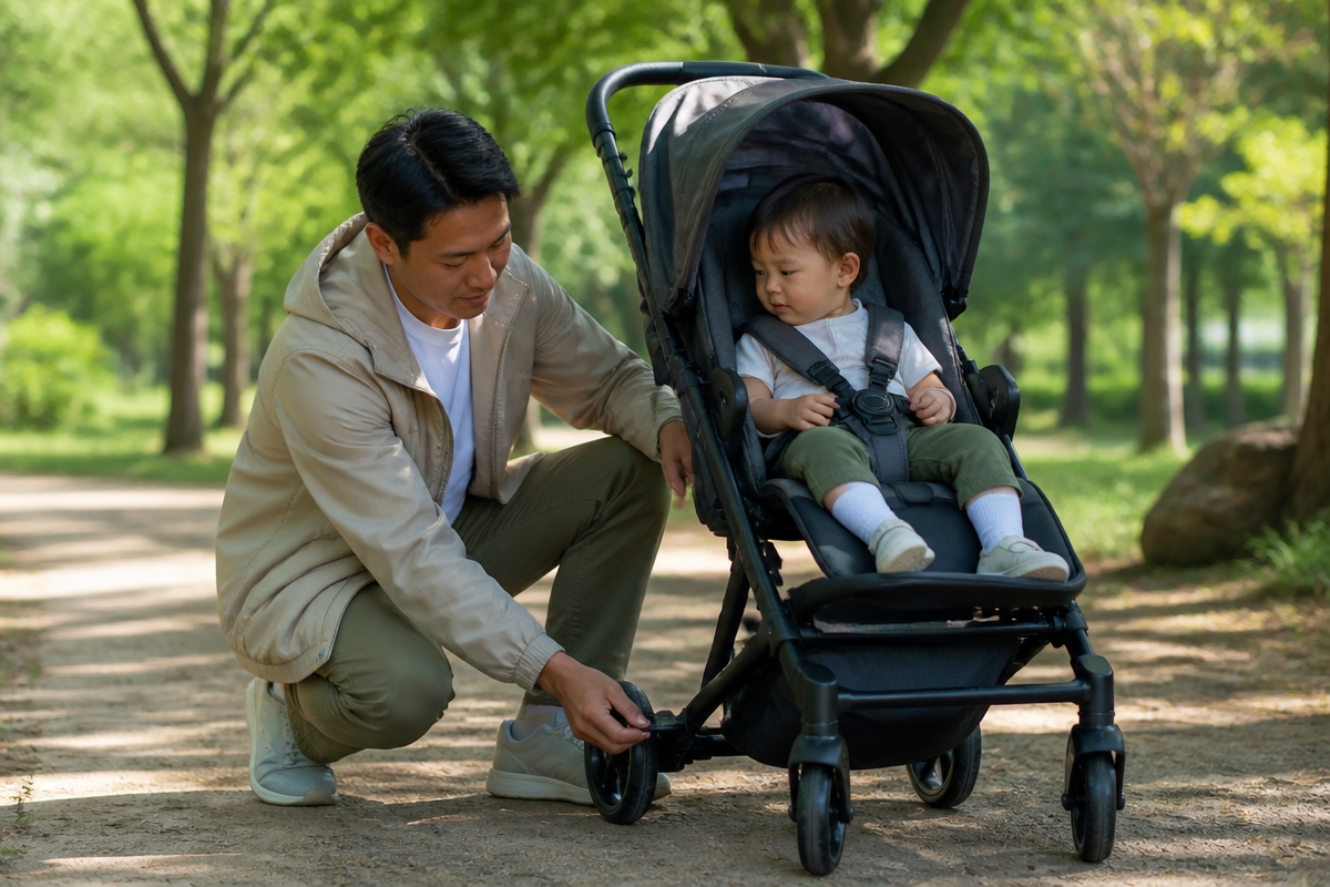 choosing-safety / Baby Smart Picks Parent checking a stroller harness and brake in a park