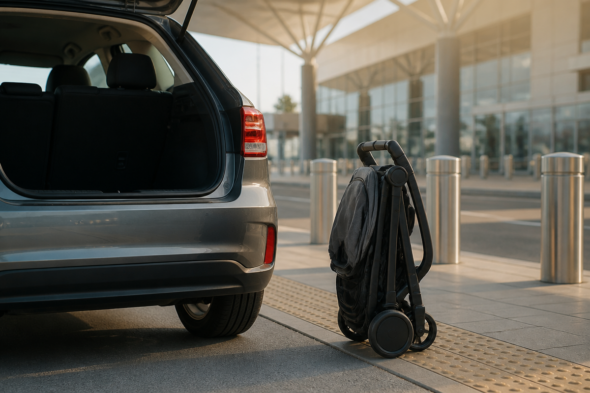 Lightweight travel stroller beside a small car trunk