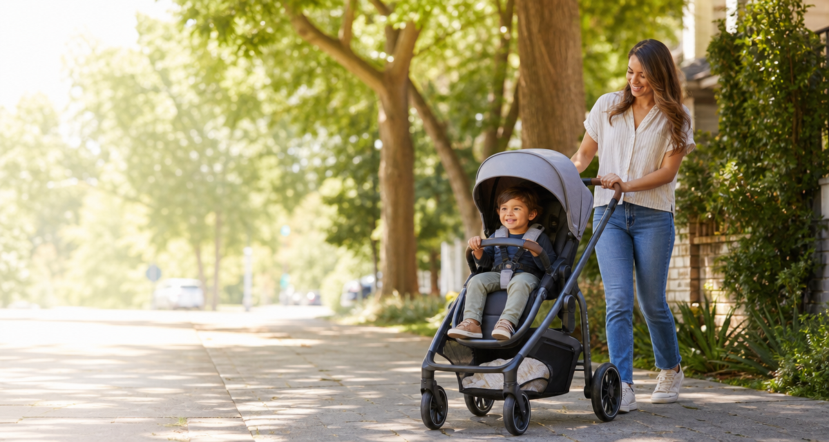 Mockingbird Single-to-Double Stroller 3.0 on a sunny neighborhood walk