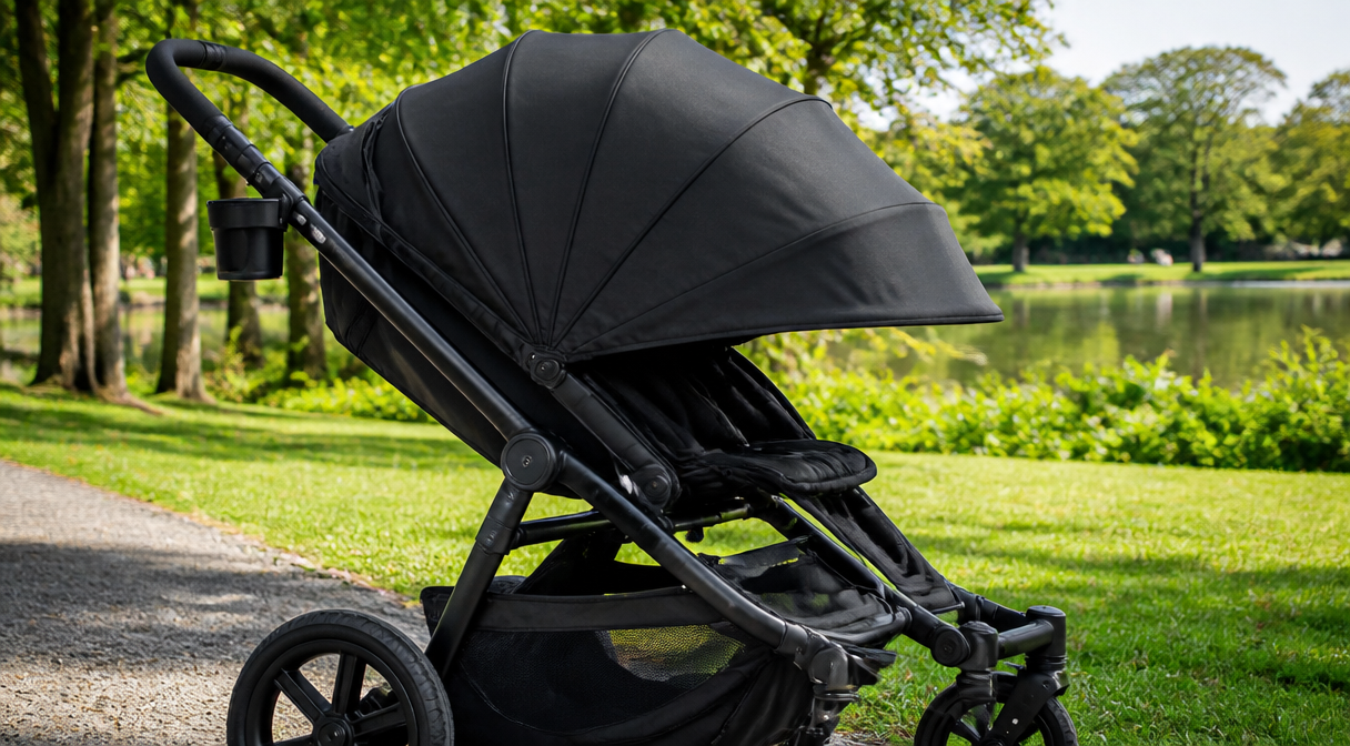 Mockingbird stroller with extended canopy beside a sunny park path