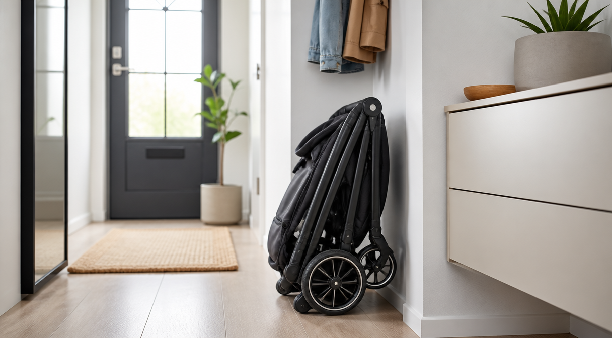 Folded Mockingbird stroller stored upright in a bright entryway