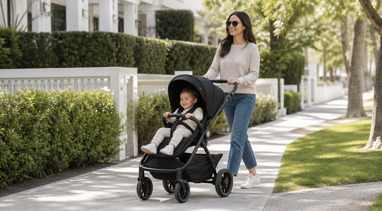 Black Mockingbird single stroller on a sunny neighborhood sidewalk